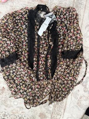 Topshop Floral Sheer Blouse with Lace Trim - Black Base